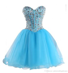 2021 Sexy Sweetheart Blue Back Kurze Heimkehrkleider Organza Perlen Kristall Lace Up Prom Cocktail Abschlusskleid