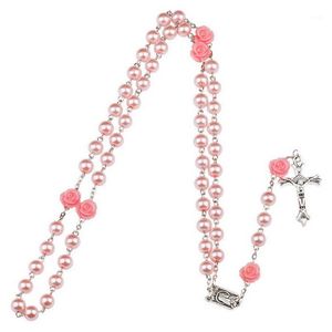 Anhänger Halsketten 2 stücke Trendy 8mm Glas Imitation Perle Perle Heilige Rosenkränze Halskette mit Rose Blume Silber Kreuz Lourdes Zentrum Rosenkranz Jewe