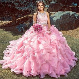 Dwa kawałki Różowe Ruffles Quinceanera Sukienki na 15-letnia dziewczyna koronki koralikowa suknia kulkowa organza wielopoziomowa formalna długi suknia imprezowa