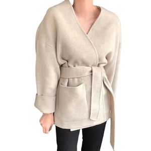 Aachoae Women Solid Party Woolen Coat Elegant V Neck Bandage Jacket Female Batwing Long Sleeve Loose Pocket Coat Lady Outerwear