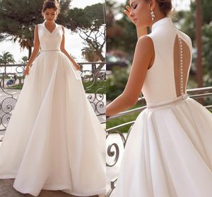 2022 атласная принцесса свадебные платья - линия высокого шеи свадебное платье смайплата иллюзионные кнопки задние женщины Vestidos de Nooiva Robe MaRiage