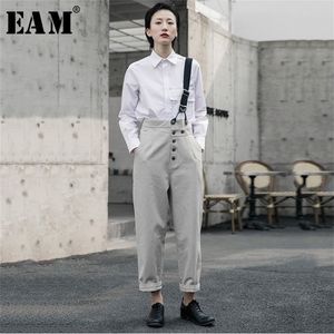 [EAM] 높은 허리 GEAY 버튼 분할 조인트 레저 바지 바지 새로운 느슨한 맞는 바지 여성 패션 봄 가을 LJ200819