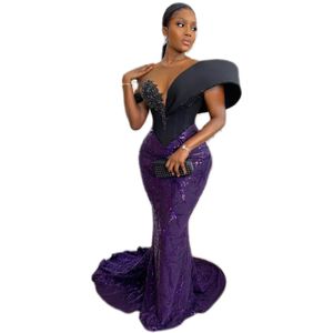 2022 Purple Prom Dress Mermaid Scoop paljett Vestiti Cerimonia Donna African Evening Dress Pärlor PROM GOWNS316T
