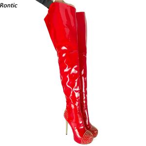 Rontic Handmade Women Winter Crotch Boots Sexy Studs Side Zipper Stiletto Heels Round Toe Gorgeous Red Party Shoes US Size 5-20