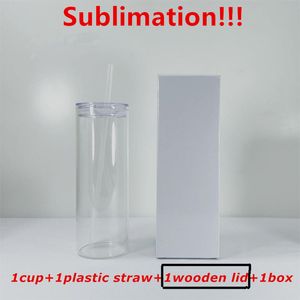 25oz Sublimation glasses tumbler Clear Frosted Beer Glasses with bamboo lid reusable straw beer Can Transparent frosted Skinny Tumbler drinking cups
