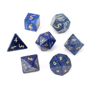 Natural Lapis Lazuli Loose Gemstones Engrave Dungeons And Dragons Game-Number-Dice Customized Stone Role Play Game Polyhedron Stones Dice Set Ornament Wholesale