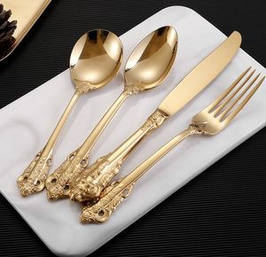 Set di posate da pranzo, coltelli, forchette, cucchiaini da tè, posate in argento dorato occidentale vintage, set di stoviglie da cucina di lusso dorato