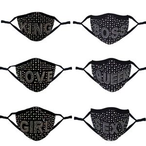 Maschera per il viso con strass con tasca per filtro Bling Boss Queen King Sexy Girl Love Letter Face Mouth Cover Regolabile Masquerade Party puntelli nero