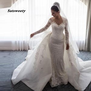 2024 Luxury Mermaid Wedding Dresses Sheer Neck Long Sleeves Illusion Full Lace Applique Bow Overskirts Button Back Chapel Train284j