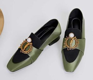 Hot Sale-New Luxury women Vintage loafers Pearl Metal round buckle Lady Square Toes Fresh Shallow mouth Lady Office dress party shoes