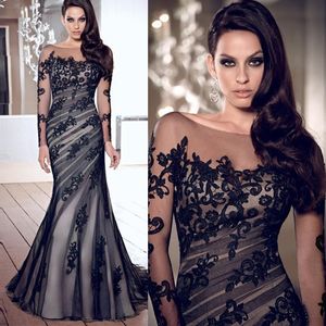 Laço preto Mulheres vestido de noite feito sob encomenda feita manga longa applique chão comprimento sexy mãe vestido de baile