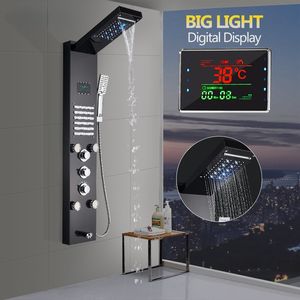 Pannello doccia colonna grande schermo blu chiaro luce piove palla doccia testa doccia in acciaio inox massaggio jet miscelatore doccia