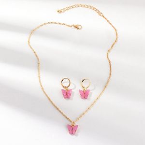 Wholesale cute earring sets resale online - Cute Butterfly Pendant Necklaces Earrings Set For Women Girls Fashion Pink Gold Necklace Elegant Choker Fashion Sweet Jewelry Gifts