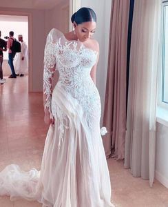 Elegant One Shoulder Mermaid Wedding Dresses Sweep Train 2021 Appliques Lace Modern Illusion Sleeve Engagement Dress Sexybride Bridal Gowns