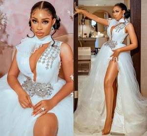 Bridal Gowns White Wedding Dresses for Bride High Neck Thigh-High Slits Hollow Beads Crystal robe de mariée African