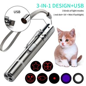 3 in 1 USB Rechargeable Funny Cat Chaser Toys Mini Flashlight Laser LED Pen Light Cat Light Pointers Funny Pet Toys Dropshipping LJ201125