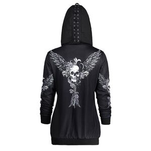 Rosetic Gotik Kafatası Kapşonlu Hoodies Kadınlar Cadılar Bayramı Ceket Moda Fermuar Fitness Streetwear Serin Kızlar Siyah Hoodie Kazak 201028