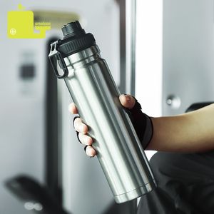 OneSall 750ml Büyük Kapasiteli Paslanmaz Çelik Termos Taşınabilir Vakum Açık Fitness Spor Termos Halat Su Şişesi Ile 201105