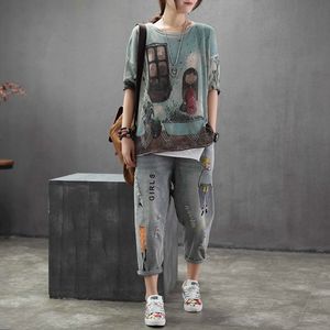 Coréia Moda Primavera Mulheres Jeans Dos Desenhos Animados Bordado Solto Denim Harem Calças Elásticas Cintura Vintage Furo Calf-Comprimento Pants D115 201109