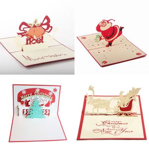 4 Styles Christmas Greeting Cards 3D Handmade Santa Claus Gift Postcards Xmas Party Holiday Invitation Festive Supplies