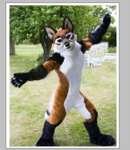 2019 Hot Sale Long Fur Fursuit Brown Husky Dog Mascot Kostym Wolf Fox Suit Halloween Parade
