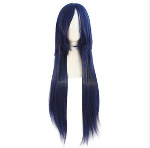 Parrucca Lunga Colori Blu Scuro Liscia Con Stoppino 80cm, Cosplay