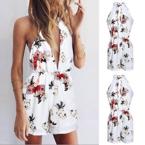 Verão Primavera Playsuits Mulheres Curto Romper Sexy Profunda V-Neck Womens Jumpsuit Elastic Cintura Floral Flor Boho Estilo Mulheres roupas T200704