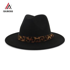 Wholesale unisex men women fedora hat resale online - QIUBOSS Unisex Wool Felt Jazz Fedora Hats with Leopard Grain Belt Women Men Wide Brim Panama Trilby Carnival Formal Hat QB121 Y200110