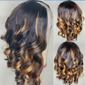 Glueless Vurgult Sarışın u parça peruk dalgası% 100 insan saçı 250 Yoğunluk Peru Remy Remy Waty Wavy 2x4 Orta Ushape Peruk