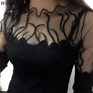 Woherb maglione nero donna mezzo dolcevita pullover a maniche lunghe patchwork di pizzo vedere attraverso top in maglia sottile moda coreana 90961 201119