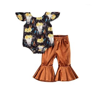 Clothing Sets Baby Girls Two-piece Clothes Set Black Printing Sleeves Romper + Brown Solid Color Pants