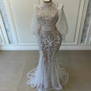 Luksusowa sukienka na studniówkę na wysokim szyi Białe kryształowe cekiny koraliki sukienki wieczorowe długie rękawy Chicki brokatowy sukienka imprezy niestandardowa szata de 259o