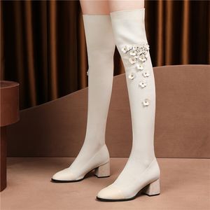 Heißer Verkauf Große Größe Frauen Über Das Knie Hohe Stiefel Aus Echtem Leder Blume Prom Hochzeit Schuhe Frau Warme Herbst Winter socken Stiefel