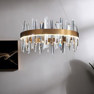 Nowy kryształowy żyrandol LED Oświetlenie wewnętrzne Żyrandole do sypialni salonu Nordic Design Round Gold Ring Luster Hang Lampa