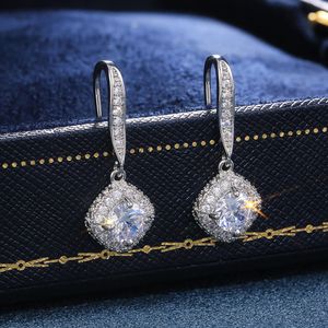 Trendy Luxury Silver Color Square Drop Earring Jewelry Wedding Bridal Accessories Shine Zircon Stone Elegant Women
