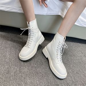 Hot Sale- Meotina Ankle Women Shoes Genuine Leather Flats Platform Motorcycle Zip Cross Tied Short Boots Ladies Autumn Winter
