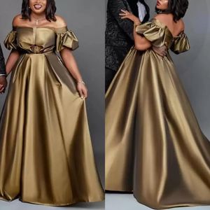 2022 Nowy Plus Size Satin A-Line Suknie Wieczorowe Off Ramię Platy Krótkie Rękawy Długość Party Party Suknie Zipper Back Bal Sukienka Vestidos de Soiree Custom Made