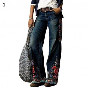 Calça jeans feminina casual plus size solta outono inverno elegante estampa floral vintage feminina calças largas 3XL0P2X0P2X