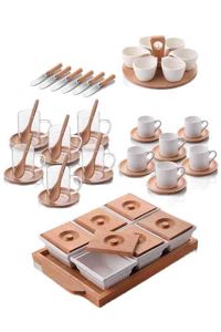 High Quality Wood Bamboo Breakfast Team Clamshell Tray Tea Set Mug Coffee Cup Sauce Spoon Knife Presentation Service 211223