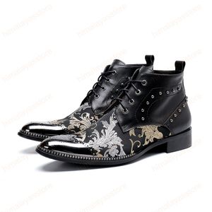 Metal italiano apontou botas de toe impressão lace up botas de bailas maciça moda sólida esculpida motocicleta homem botas