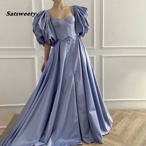 Eleganckie Lekkie Niebieskie Tafta Prom Dresses Square Puff Rękawy A-Line Formalne Suknie Drapowane Slit Bow Sashes Długie sukienki