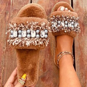 Indoor Furry Women Slippers Large Rhinestone String Bead Luxury Design Flat Heel Fluffy Fur House Slides Fashion Shoes Ladies Y201026