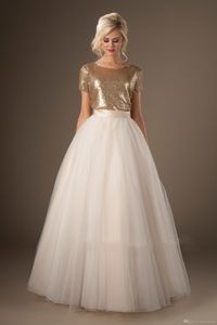 Gold Two Pieces Modest Wedding Dresses Sequins Top Tulle Skirt Women Informal Reception Bridal Gowns Outdoor Wedding Custom Couture