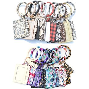 PU Läder Wristlet ID-korthållare för festfavörer med Bangles och Tassel Key Rings 41 färger av solros, leopard, ko, klassiskt rutnät, shinngguld