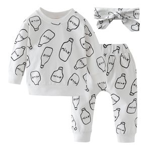 Noworodek Baby Girls Ubrania Biały Z Długim Rękawem Mleko Druku Koszulka Topy + Spodnie + Pałąk Śliczny Jesień Odzież Niemowlęta Ustaw LJ201223