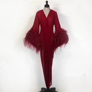 Royal Bride Sleepwear Robes Feather Long Sleeve Custom Made Chiffon increspato Women Sleepwear Sweep Train Pigiama Abiti