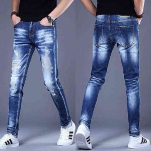 Mens High Quality Stretch Denim Pants,Skull Embroidery Light Luxury Blue Jeans,Ripped&Scratched Slim-fit Jeans Pants; G0104