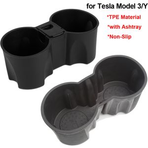 Car Center Console Cup Insert For Tesla Model 3 Y 2021 2022 Water Cup Holder with Ashtray TPE Double Hole Phone Holder Accessories Drink Coasters Dustbin