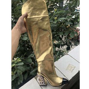 Gorąca Sprzedaż Najnowsze Złote Uda High Botki Kobiety Point Toe Mieszane Kolor Rhinestone Bead High Heel Boot Lady Runway Buty Kobieta Knight Boot