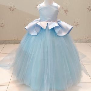 2020 céu azul flor barato vestidos bola vestido de baile tule menina vestidos de casamento barato comunhão revela vestidos